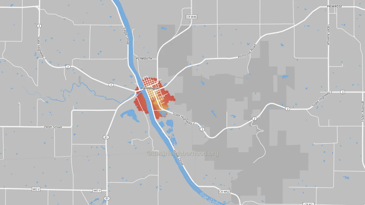 Walk Grade map of Farmington, IA, walkable areas in green and car-dependent areas in red
