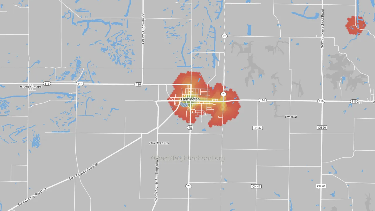 Walk Grade map of Farmington, IL, walkable areas in green and car-dependent areas in red