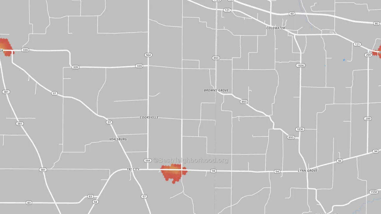 Walk Grade map of Farmington, KY, walkable areas in green and car-dependent areas in red