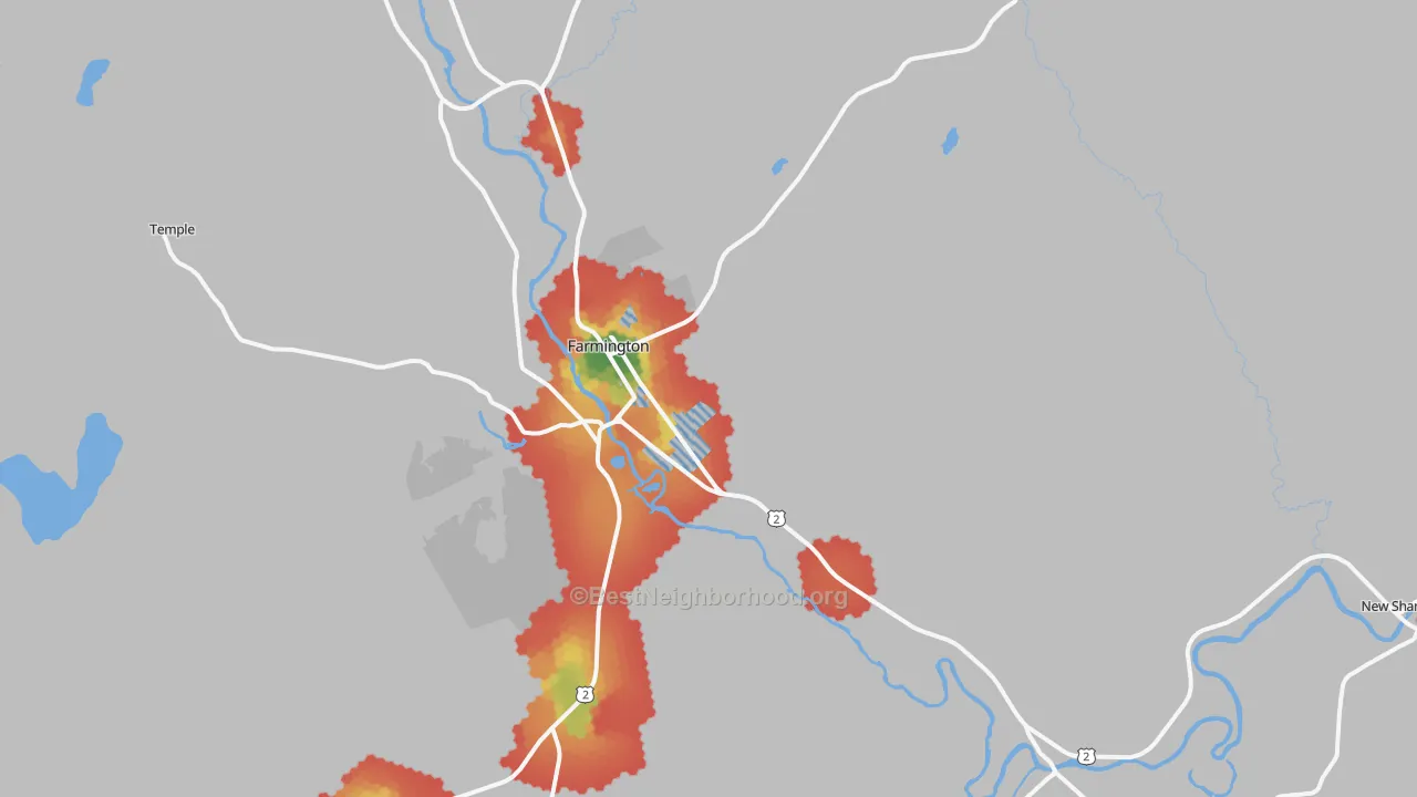 Walk Grade map of Farmington, ME, walkable areas in green and car-dependent areas in red