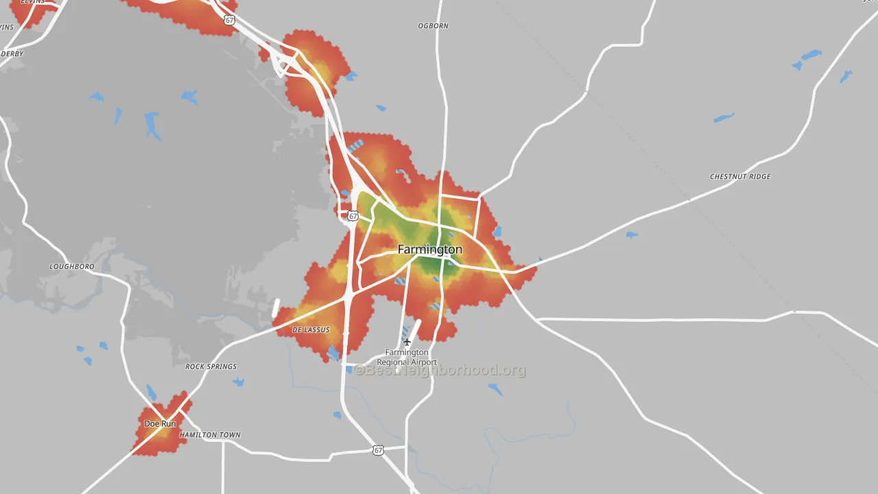 Walk Grade map of Farmington, MO, walkable areas in green and car-dependent areas in red