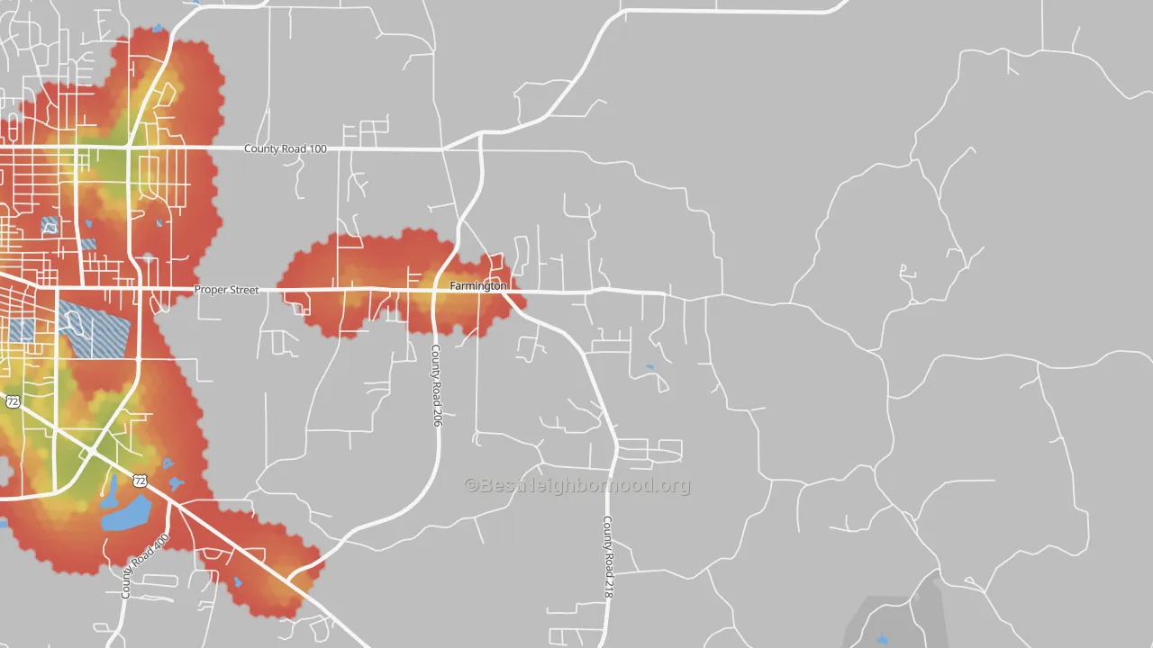Walk Grade map of Farmington, MS, walkable areas in green and car-dependent areas in red