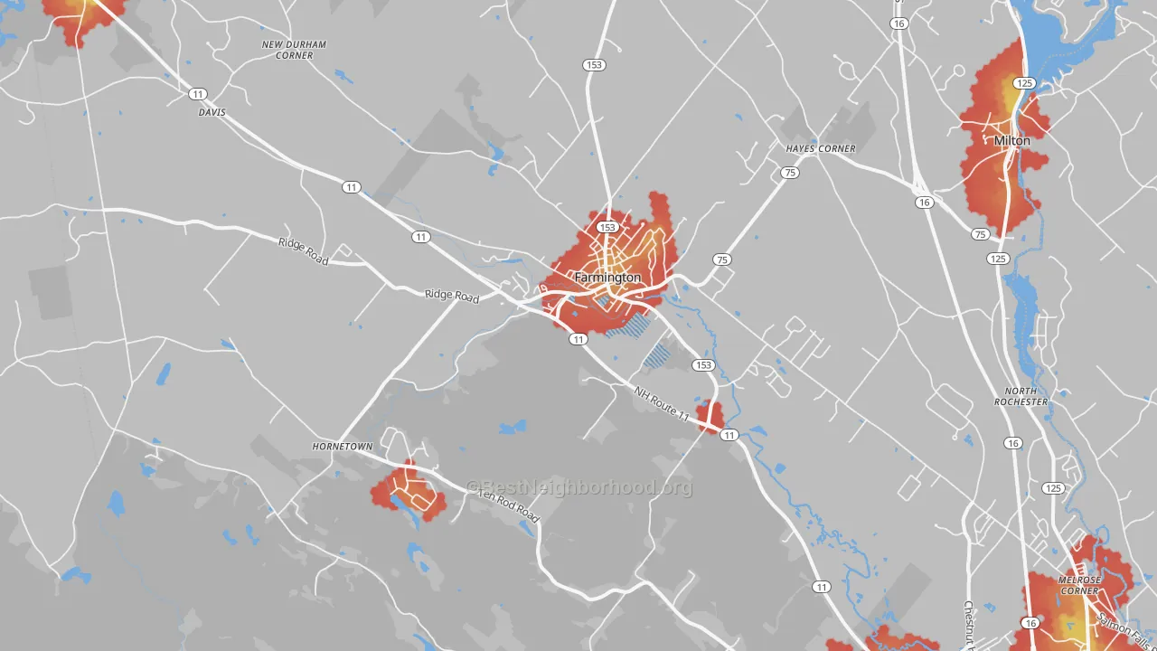 Walk Grade map of Farmington, NH, walkable areas in green and car-dependent areas in red