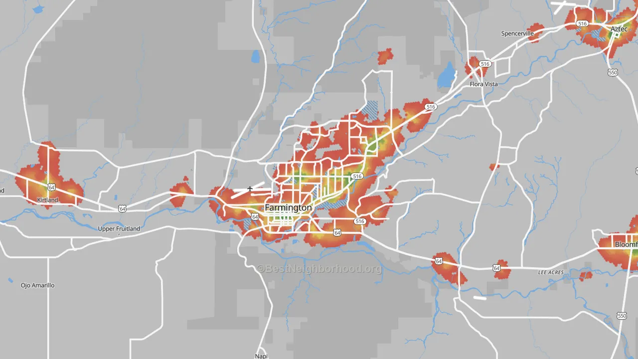 Walk Grade map of Farmington, NM, walkable areas in green and car-dependent areas in red