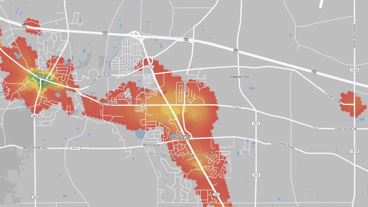 Walk Grade map of Farmington, NY, walkable areas in green and car-dependent areas in red