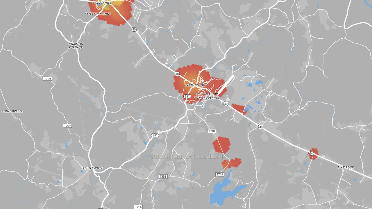 Walk Grade map of Farmington, PA, walkable areas in green and car-dependent areas in red