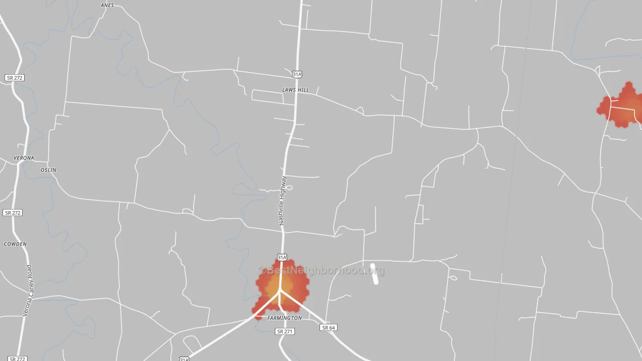 Walk Grade map of Farmington, TN, walkable areas in green and car-dependent areas in red