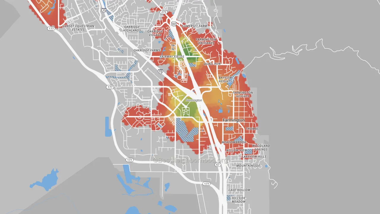 Walk Grade map of Farmington, UT, walkable areas in green and car-dependent areas in red