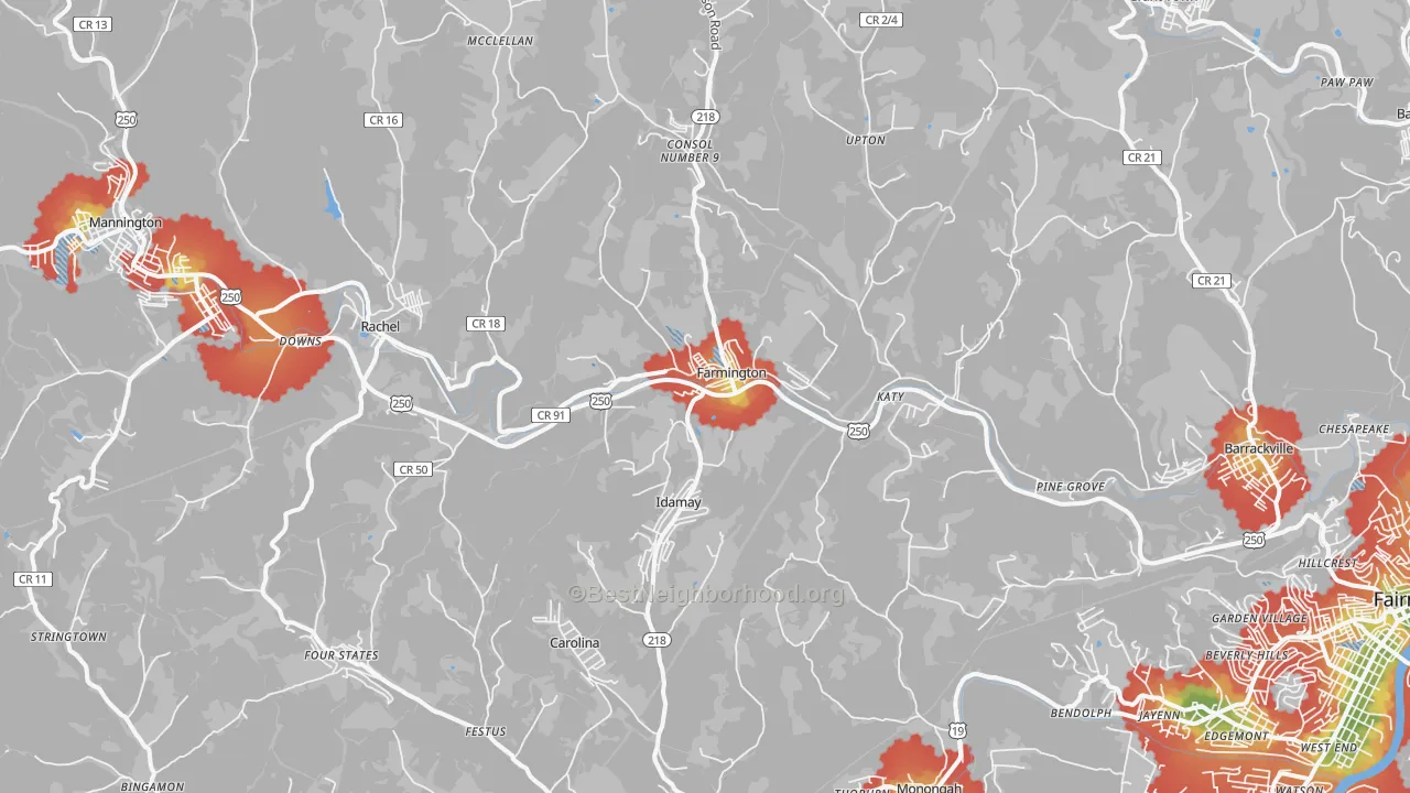 Walk Grade map of Farmington, WV, walkable areas in green and car-dependent areas in red