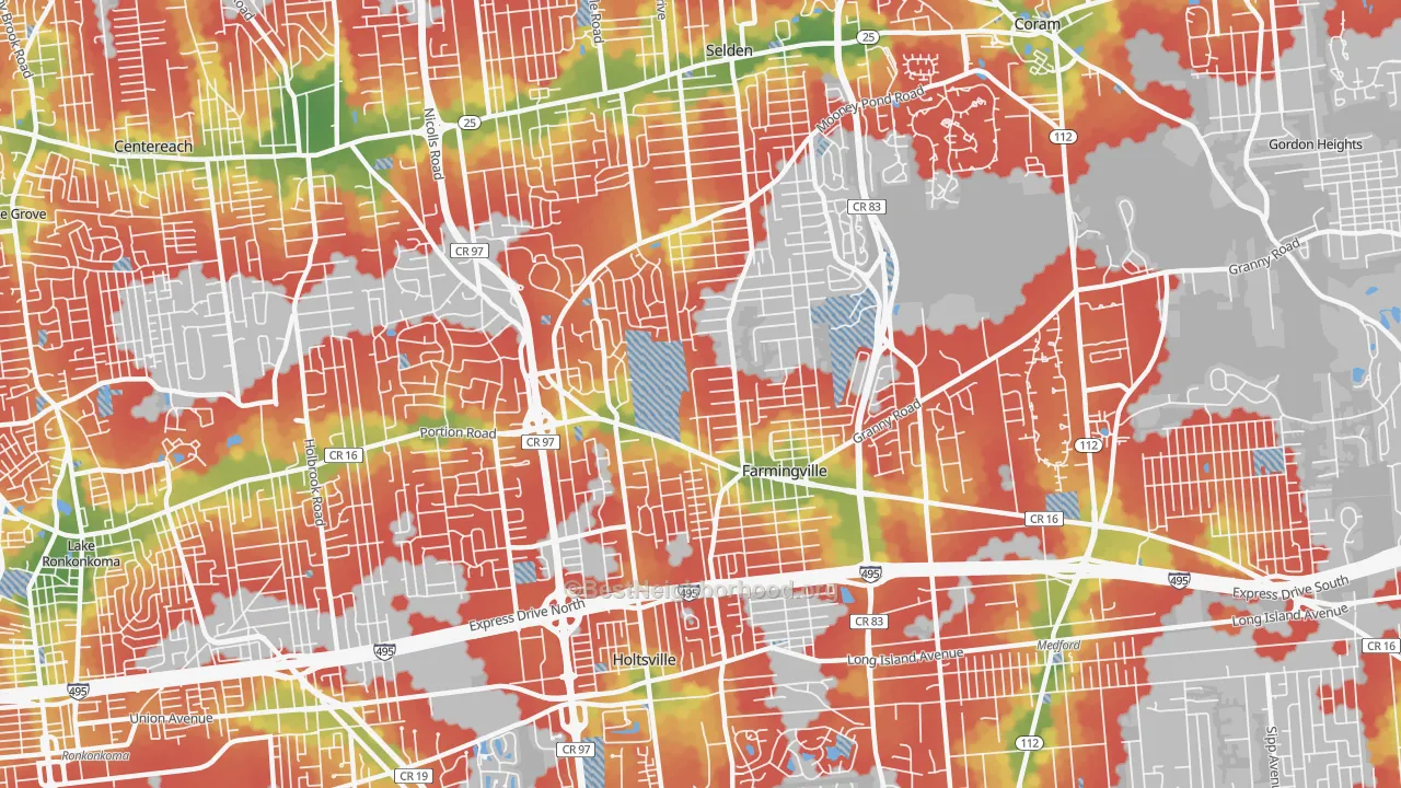 Walk Grade map of Farmingville, NY, walkable areas in green and car-dependent areas in red