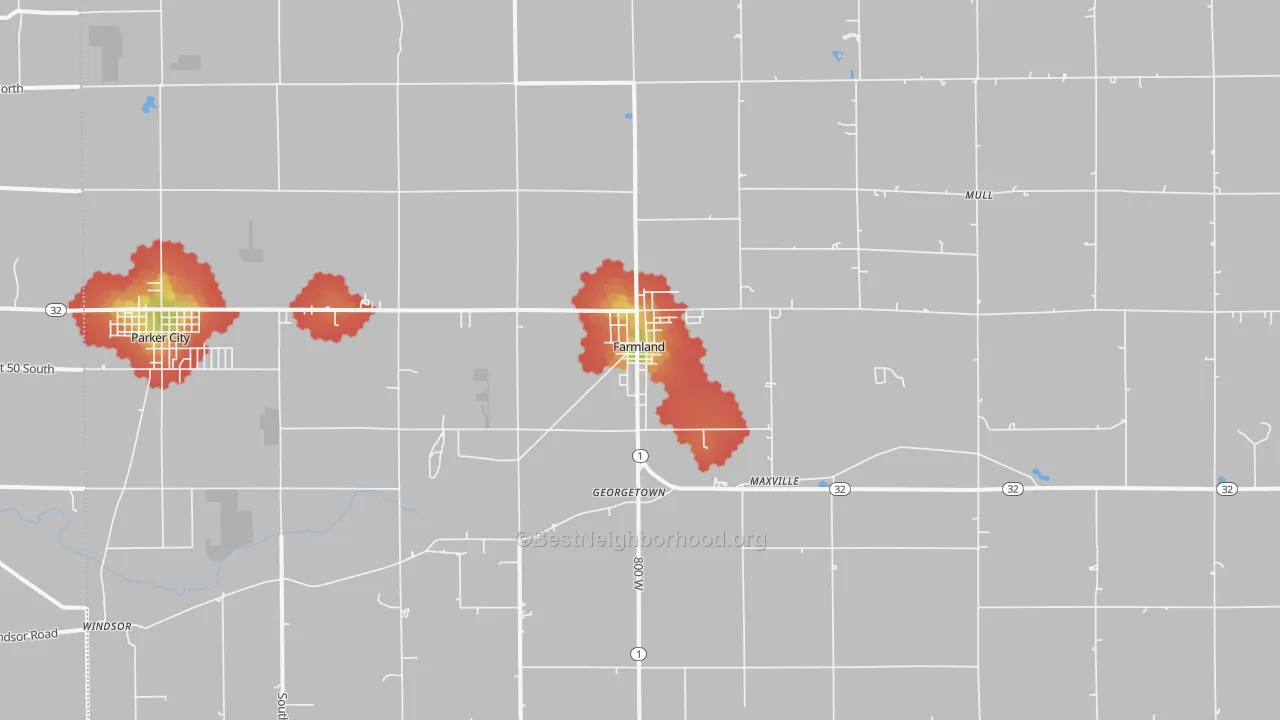Walk Grade map of Farmland, IN, walkable areas in green and car-dependent areas in red