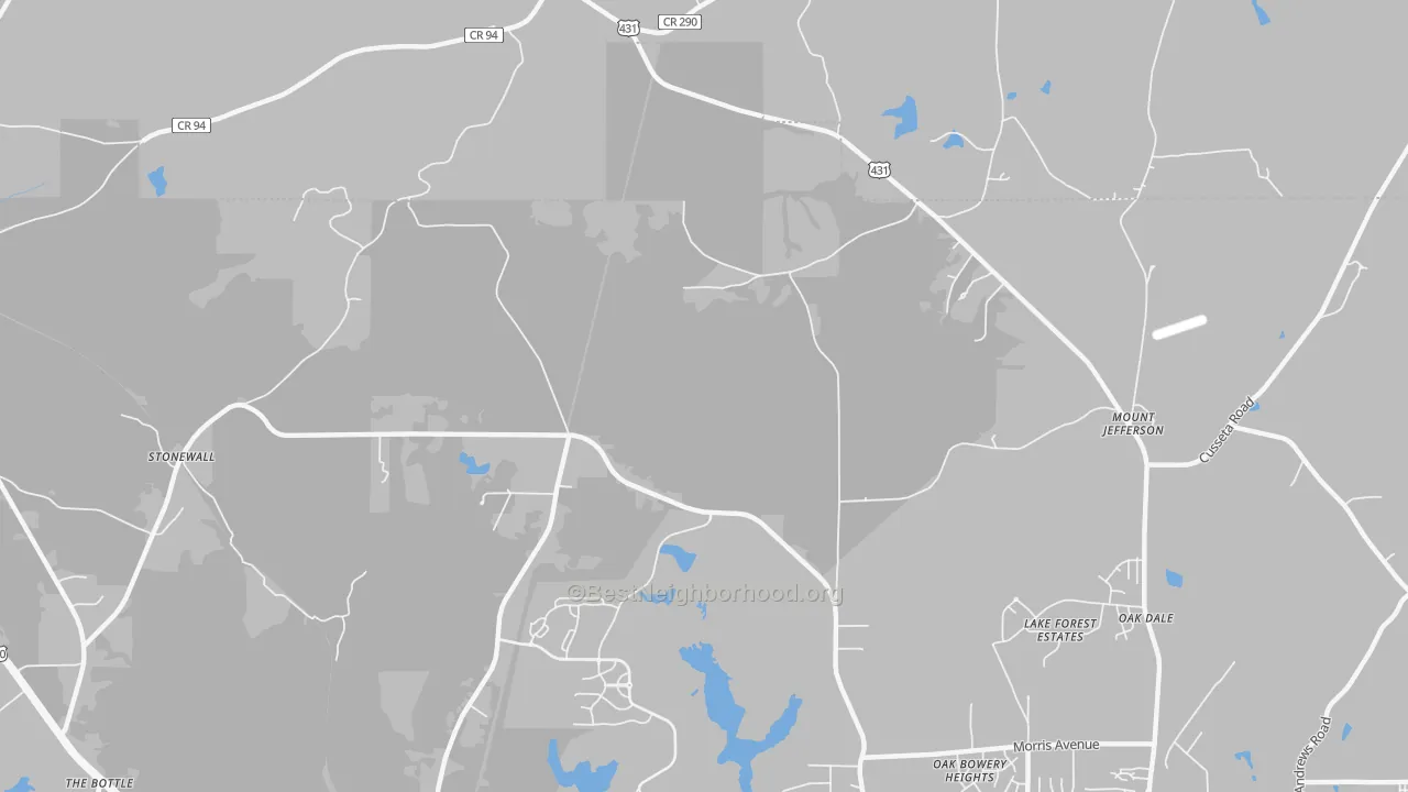 Walk Grade map of Farmville, AL, walkable areas in green and car-dependent areas in red