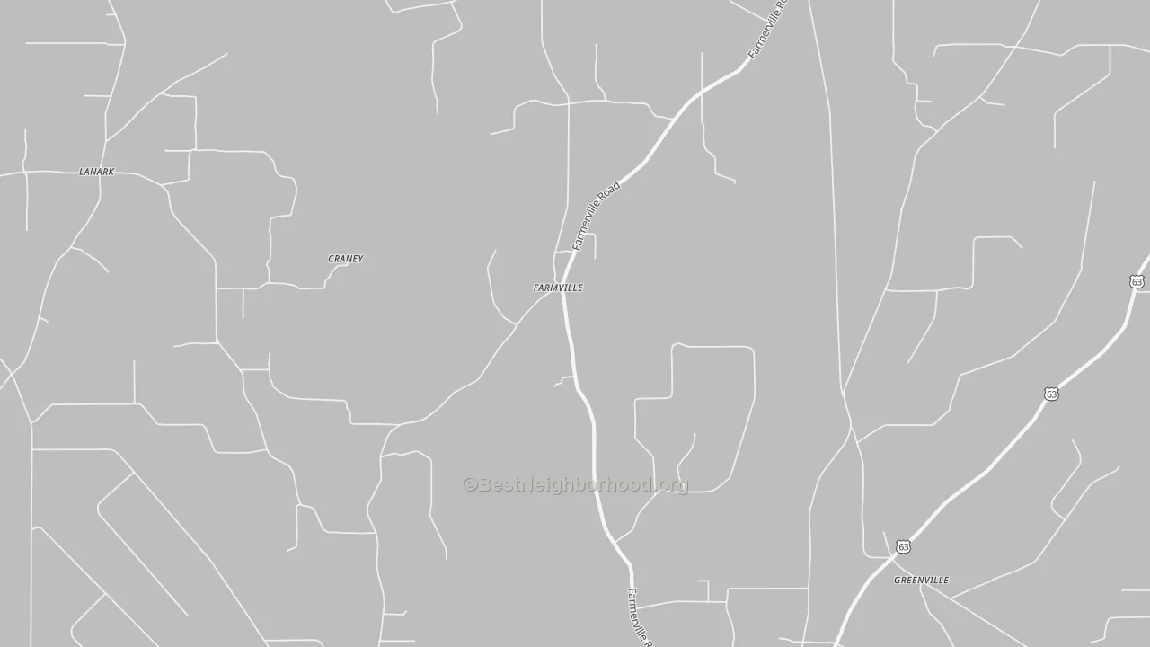Walk Grade map of Farmville, AR, walkable areas in green and car-dependent areas in red