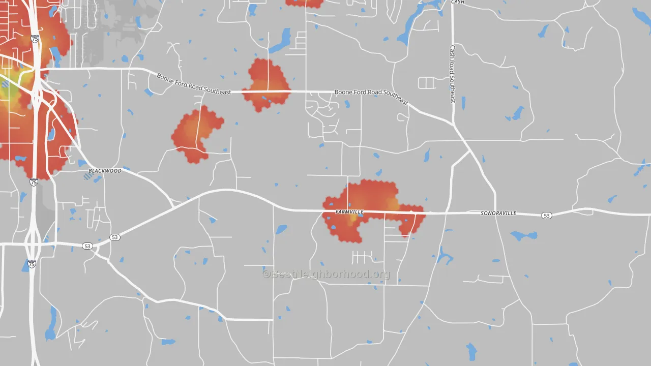 Walk Grade map of Farmville, GA, walkable areas in green and car-dependent areas in red