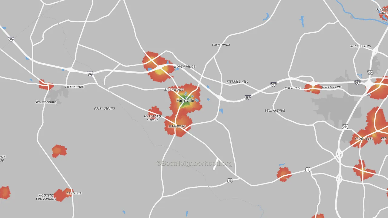 Walk Grade map of Farmville, NC, walkable areas in green and car-dependent areas in red