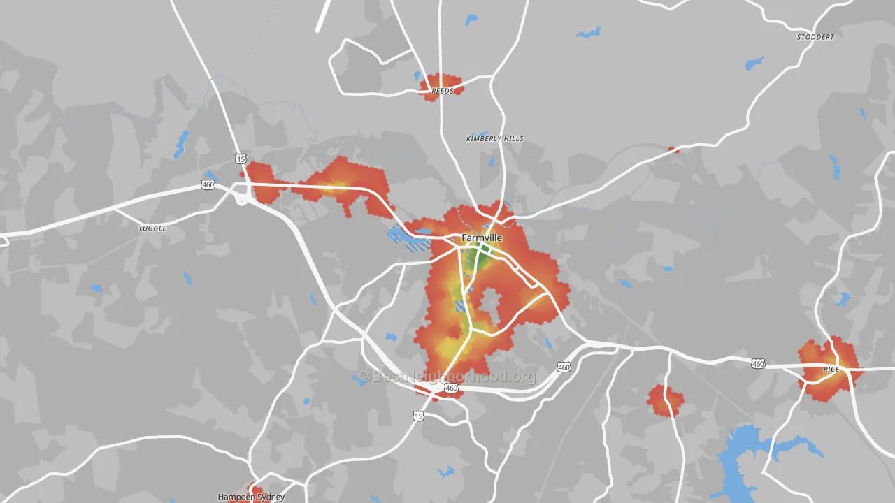 Walk Grade map of Farmville, VA, walkable areas in green and car-dependent areas in red
