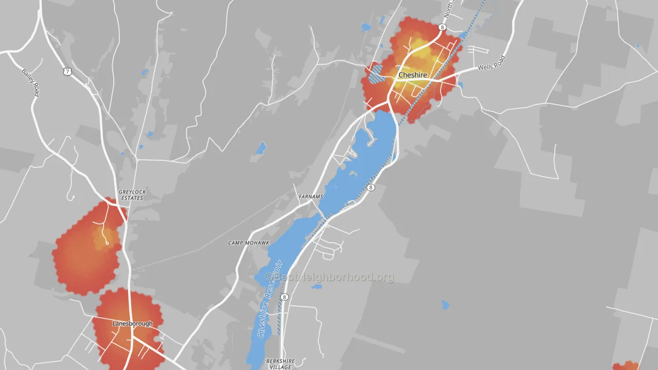 Walk Grade map of Farnams, MA, walkable areas in green and car-dependent areas in red