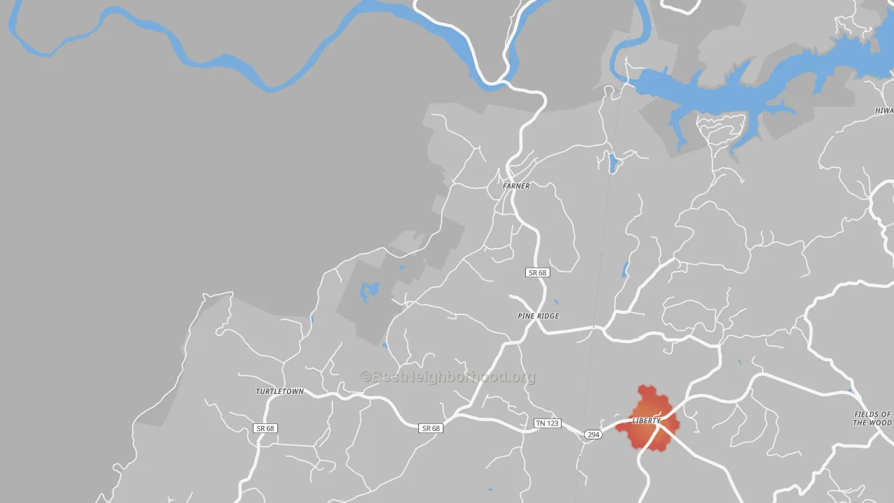 Walk Grade map of Farner, TN, walkable areas in green and car-dependent areas in red