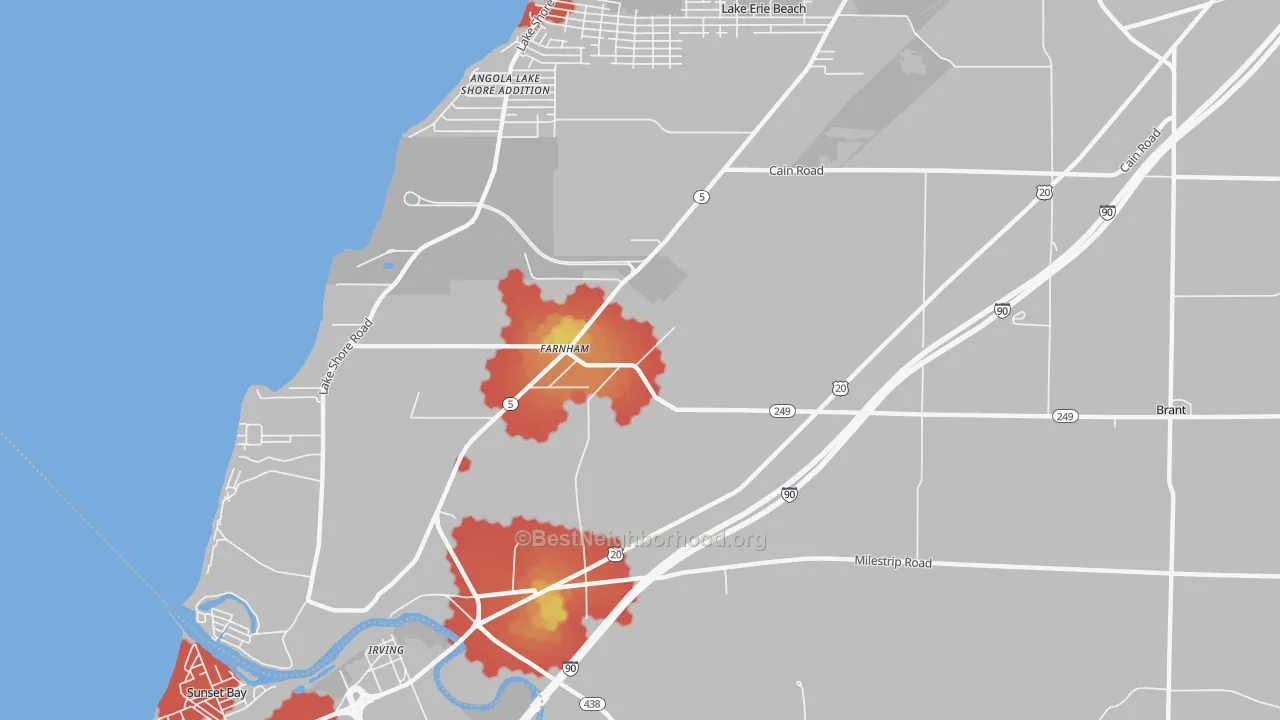 Walk Grade map of Farnham, NY, walkable areas in green and car-dependent areas in red