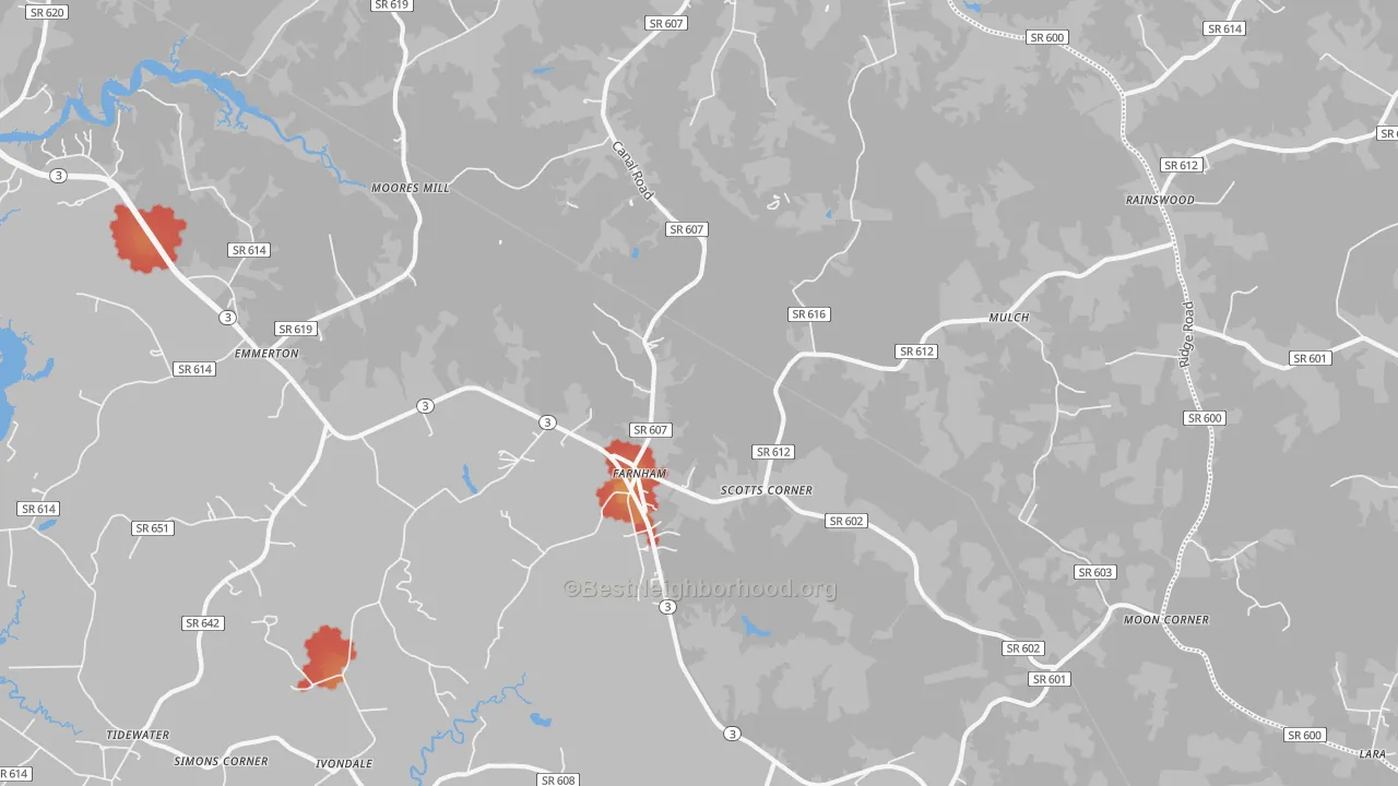 Walk Grade map of Farnham, VA, walkable areas in green and car-dependent areas in red