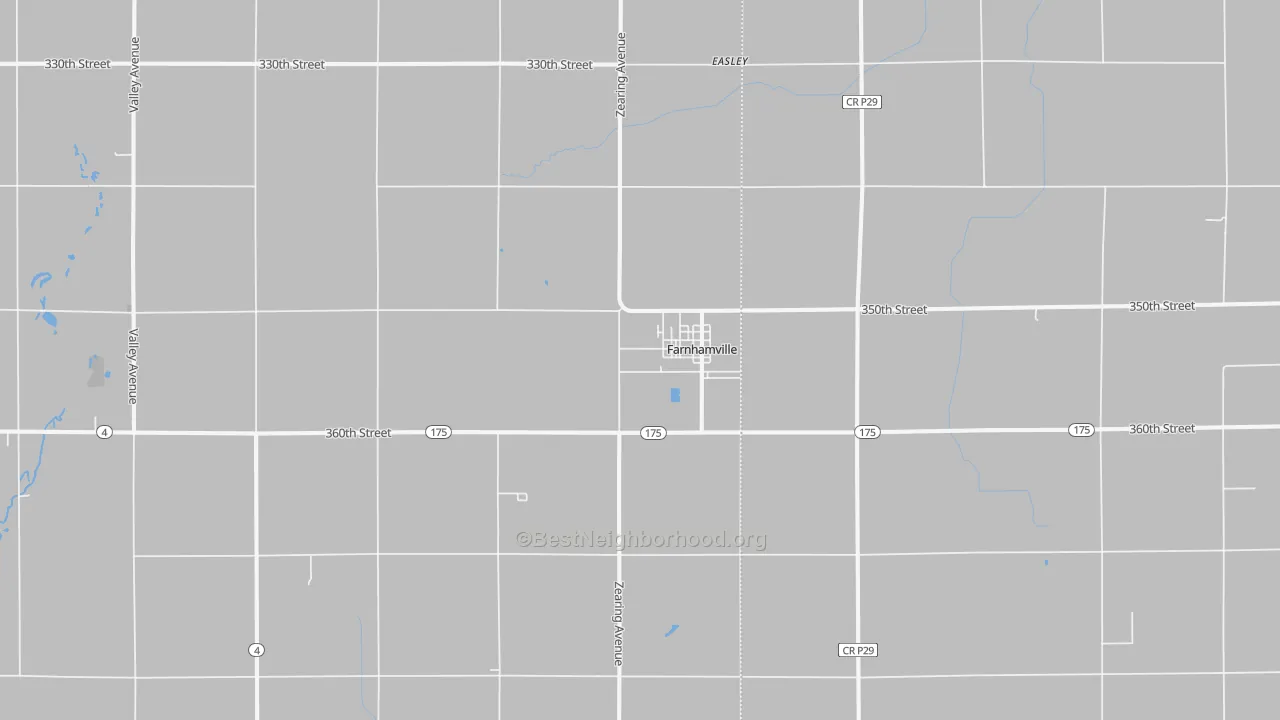Walk Grade map of Farnhamville, IA, walkable areas in green and car-dependent areas in red