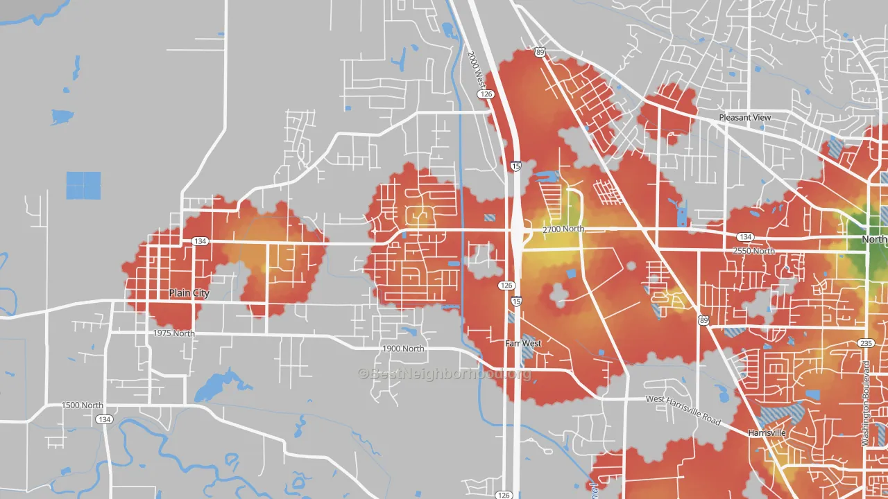Walk Grade map of Farr West, UT, walkable areas in green and car-dependent areas in red