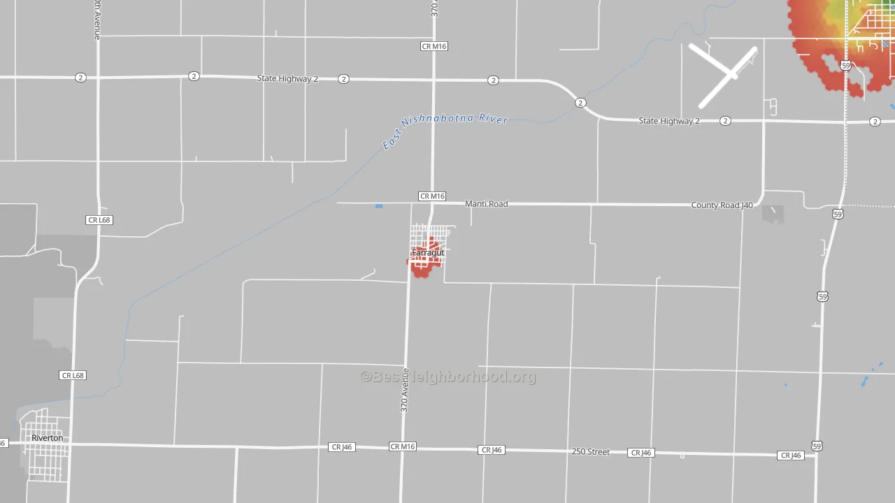 Walk Grade map of Farragut, IA, walkable areas in green and car-dependent areas in red