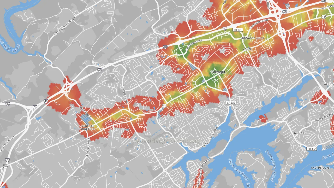 Walk Grade map of Farragut, TN, walkable areas in green and car-dependent areas in red