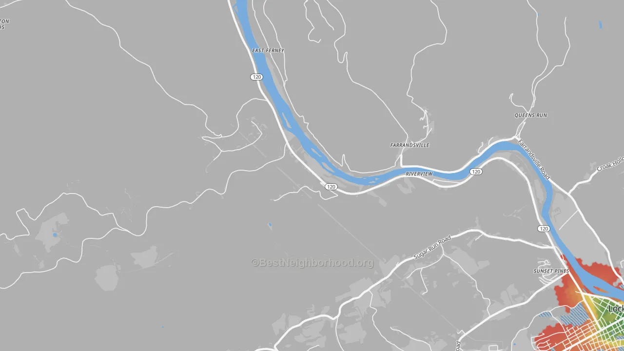 Walk Grade map of Farrandsville, PA, walkable areas in green and car-dependent areas in red