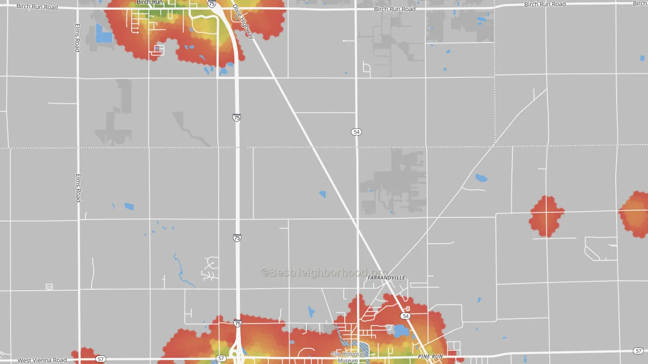 Walk Grade map of Farrandville, MI, walkable areas in green and car-dependent areas in red