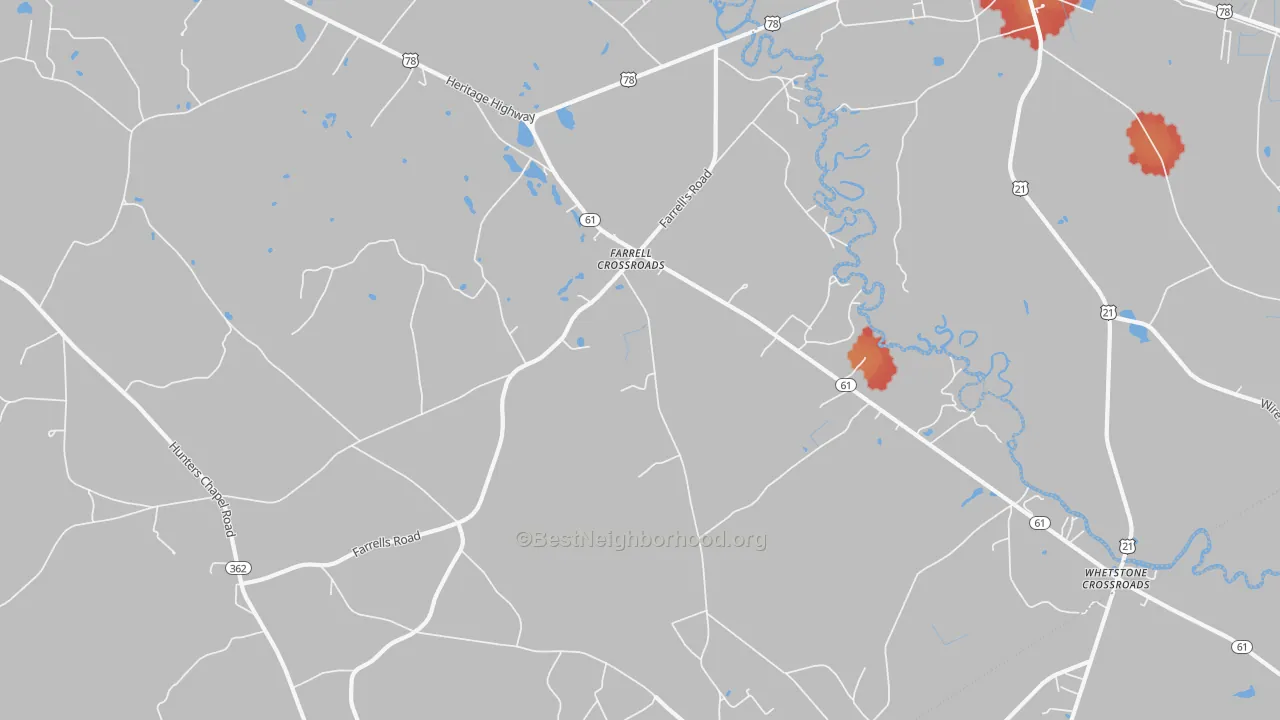 Walk Grade map of Farrell Crossroads, SC, walkable areas in green and car-dependent areas in red