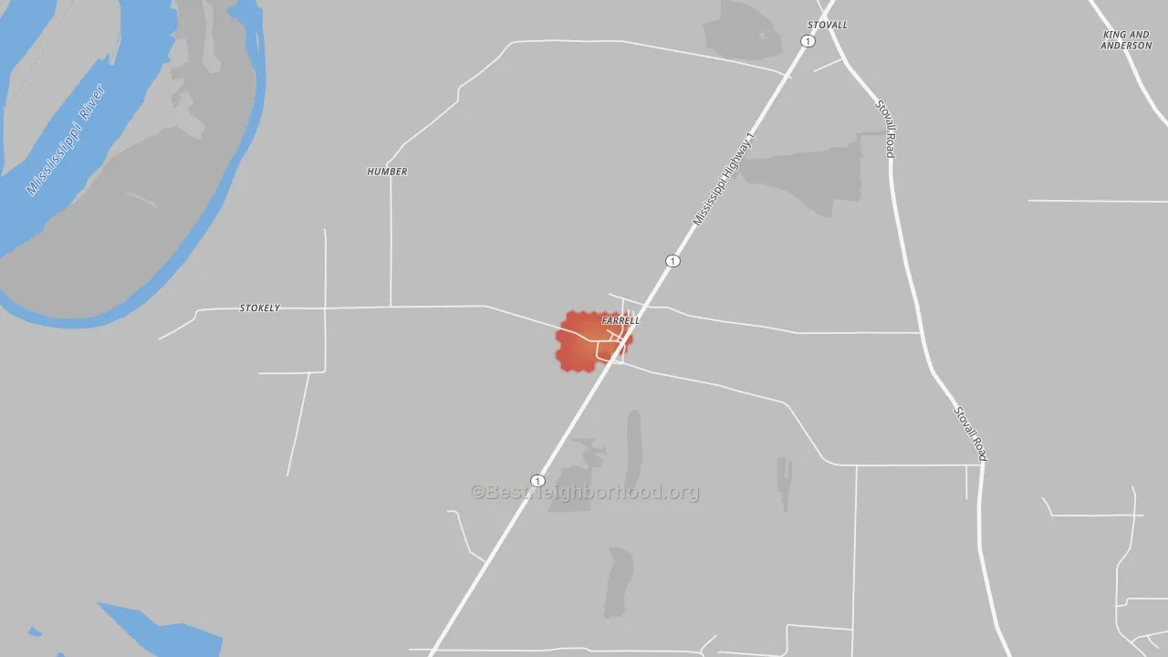 Walk Grade map of Farrell, MS, walkable areas in green and car-dependent areas in red
