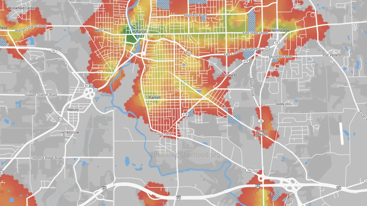 Walk Grade map of Farrell, PA, walkable areas in green and car-dependent areas in red