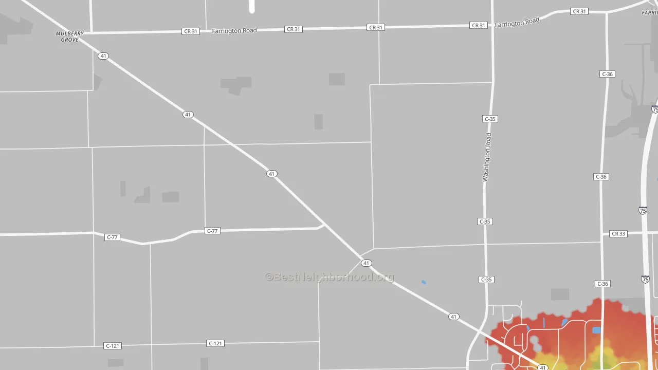 Walk Grade map of Farrington, OH, walkable areas in green and car-dependent areas in red