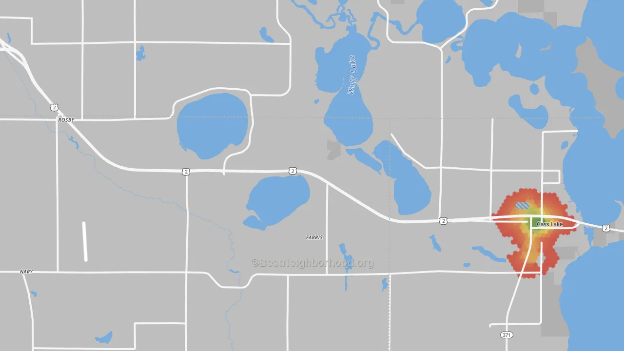 Walk Grade map of Farris, MN, walkable areas in green and car-dependent areas in red