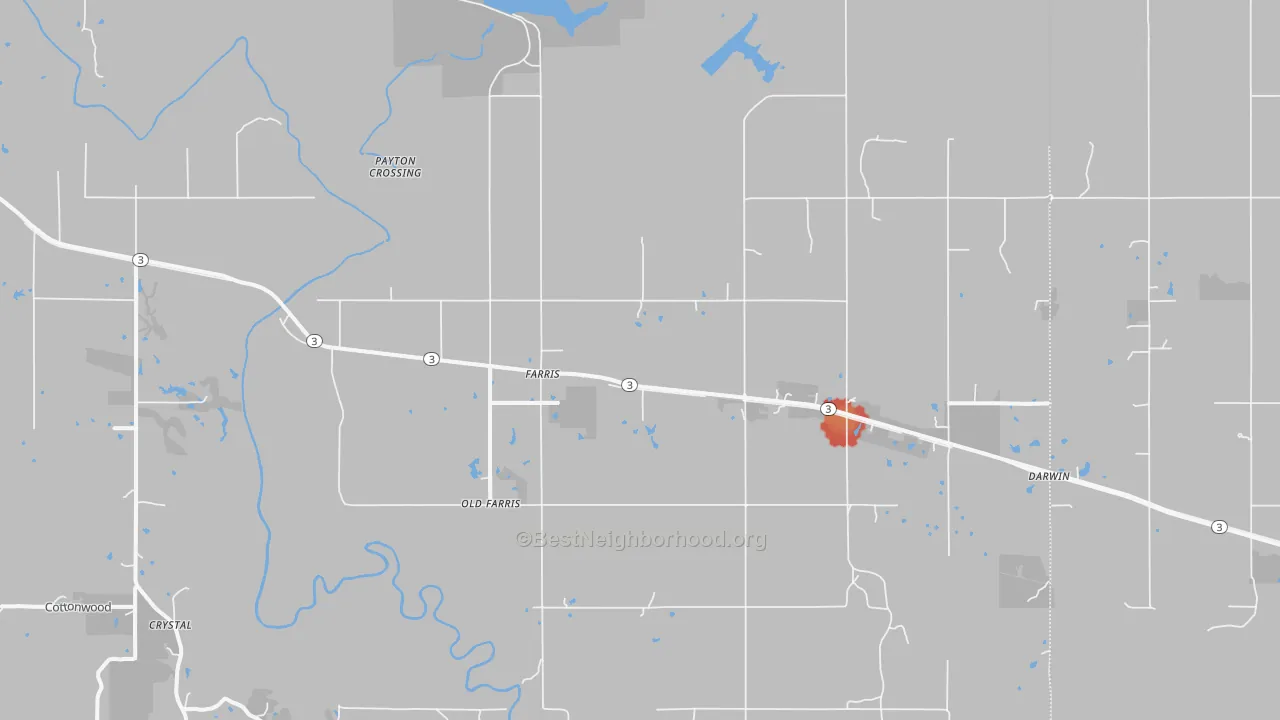 Walk Grade map of Farris, OK, walkable areas in green and car-dependent areas in red