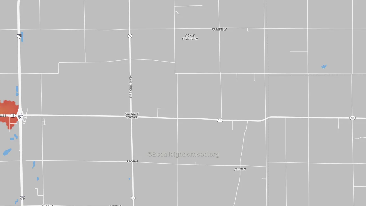 Walk Grade map of Farrville, IN, walkable areas in green and car-dependent areas in red