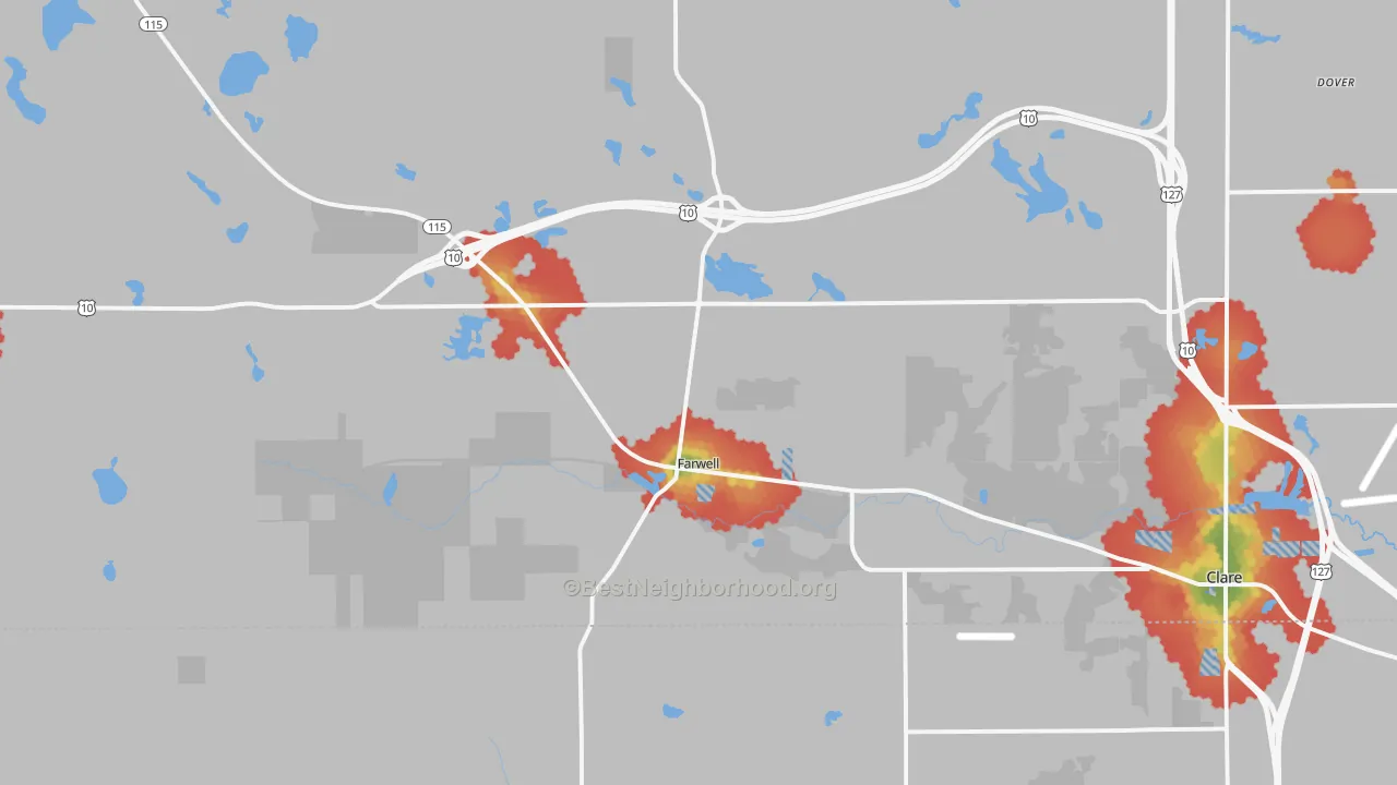 Walk Grade map of Farwell, MI, walkable areas in green and car-dependent areas in red