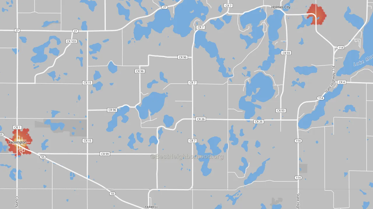 Walk Grade map of Farwell, MN, walkable areas in green and car-dependent areas in red