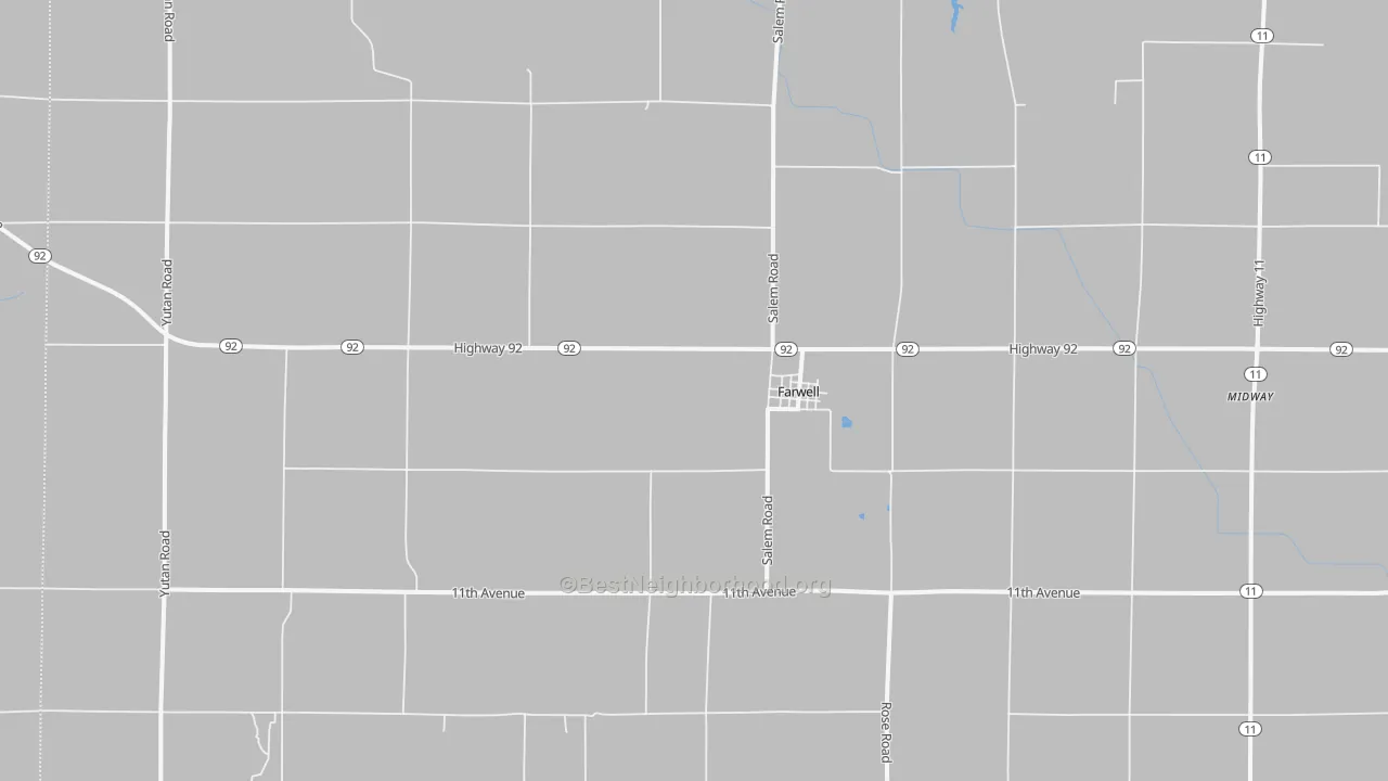 Walk Grade map of Farwell, NE, walkable areas in green and car-dependent areas in red