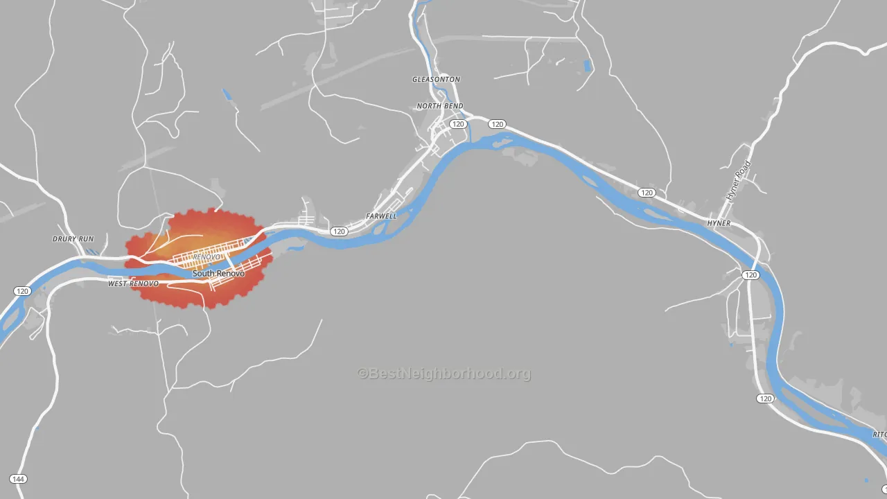 Walk Grade map of Farwell, PA, walkable areas in green and car-dependent areas in red