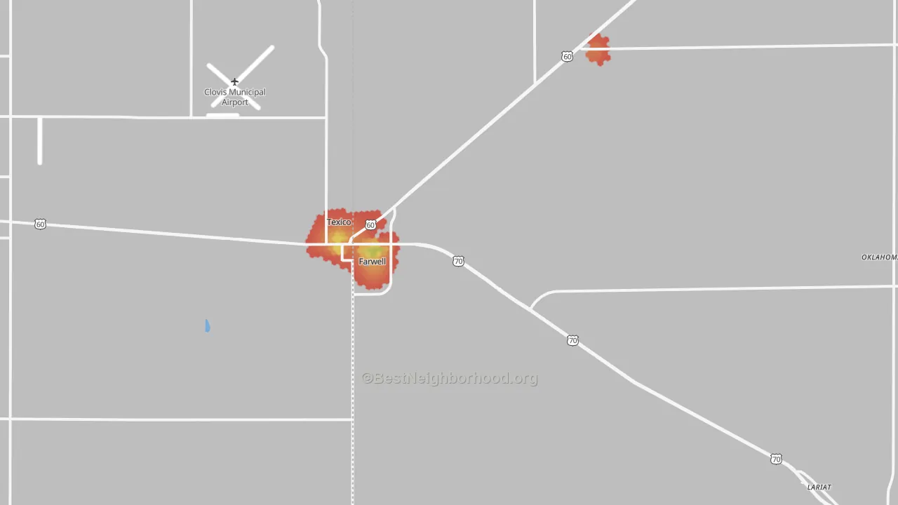 Walk Grade map of Farwell, TX, walkable areas in green and car-dependent areas in red