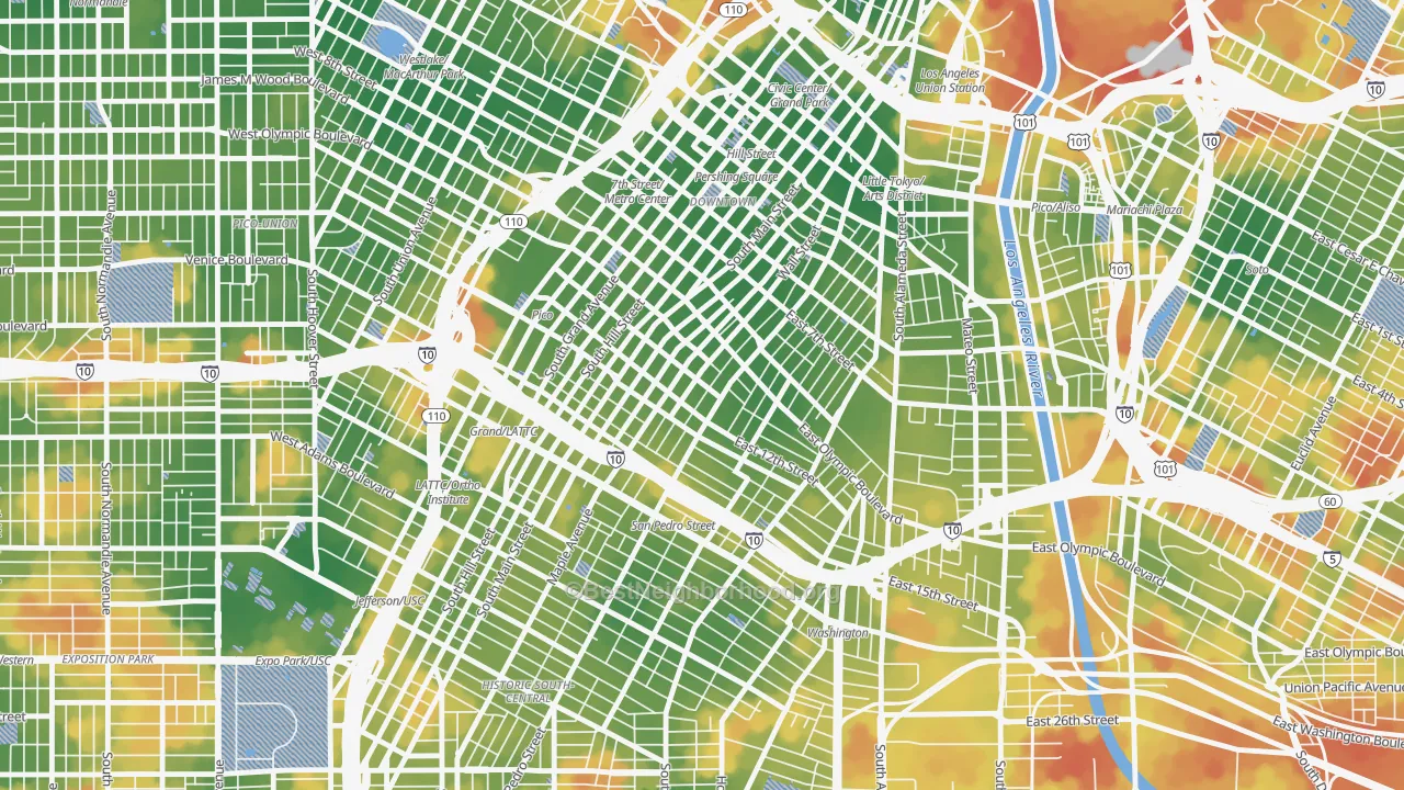 Walk Grade map of Fashion District, Los Angeles, CA, walkable areas in green and car-dependent areas in red