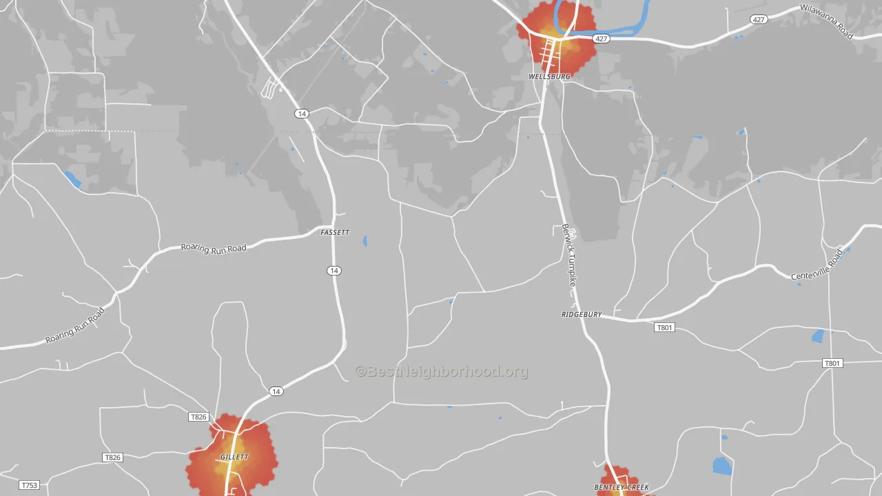 Walk Grade map of Fassett, PA, walkable areas in green and car-dependent areas in red