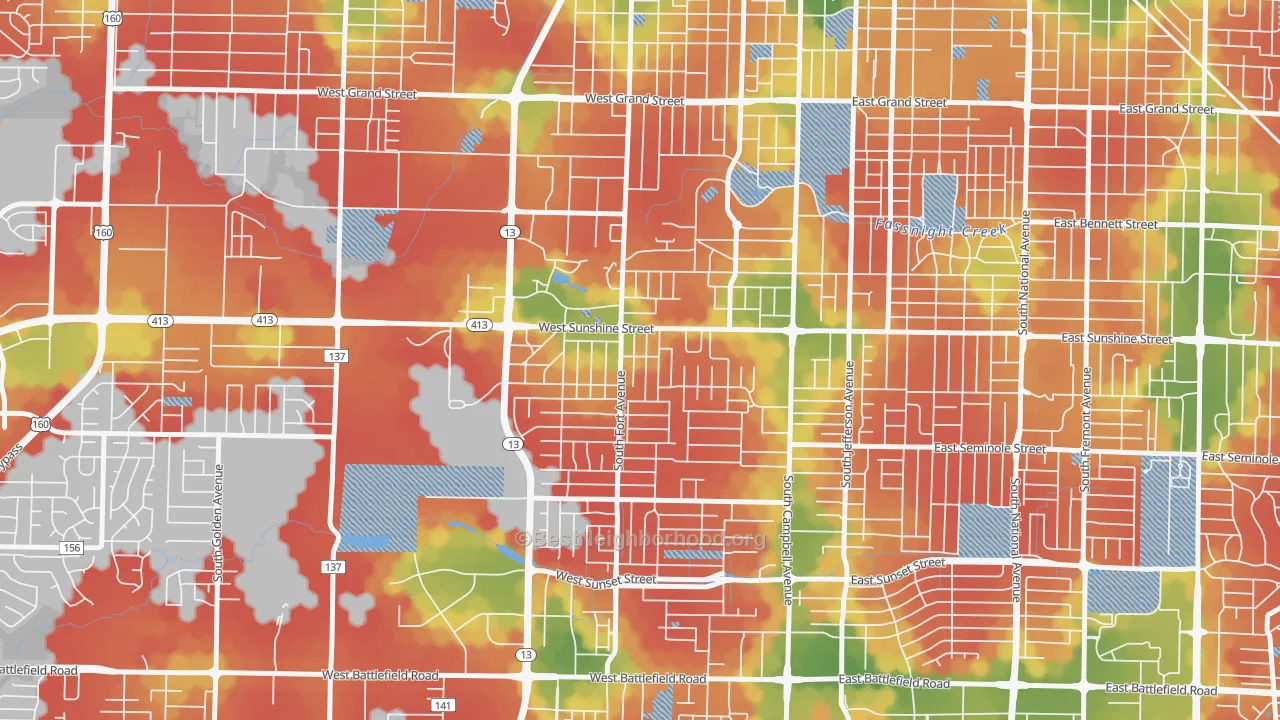 Walk Grade map of Fassnight, Springfield, MO, walkable areas in green and car-dependent areas in red
