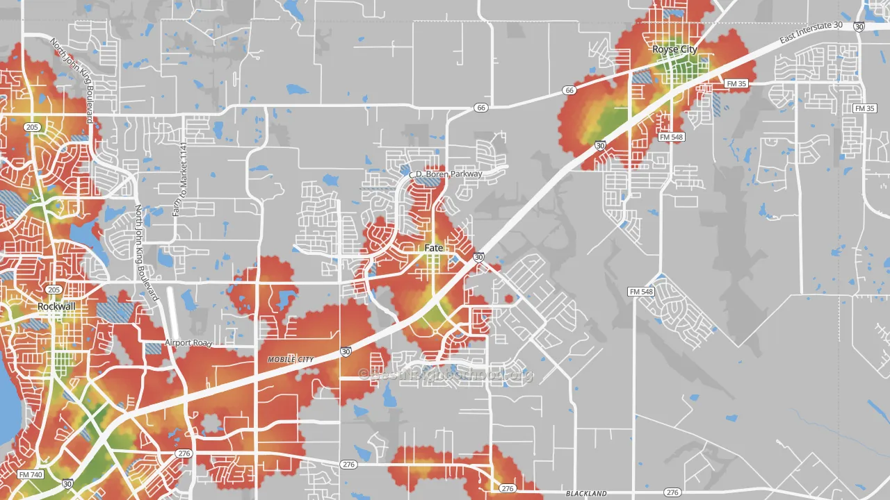 Walk Grade map of Fate, TX, walkable areas in green and car-dependent areas in red