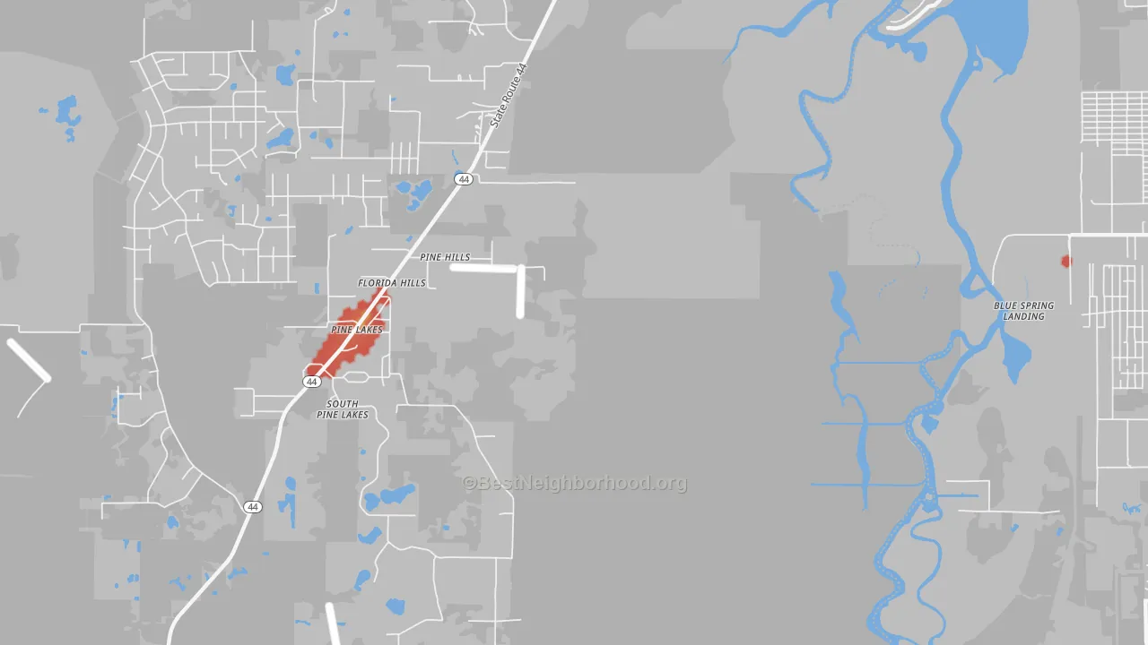 Walk Grade map of Fatio, FL, walkable areas in green and car-dependent areas in red