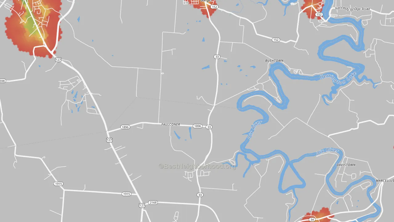 Walk Grade map of Faulconer, KY, walkable areas in green and car-dependent areas in red