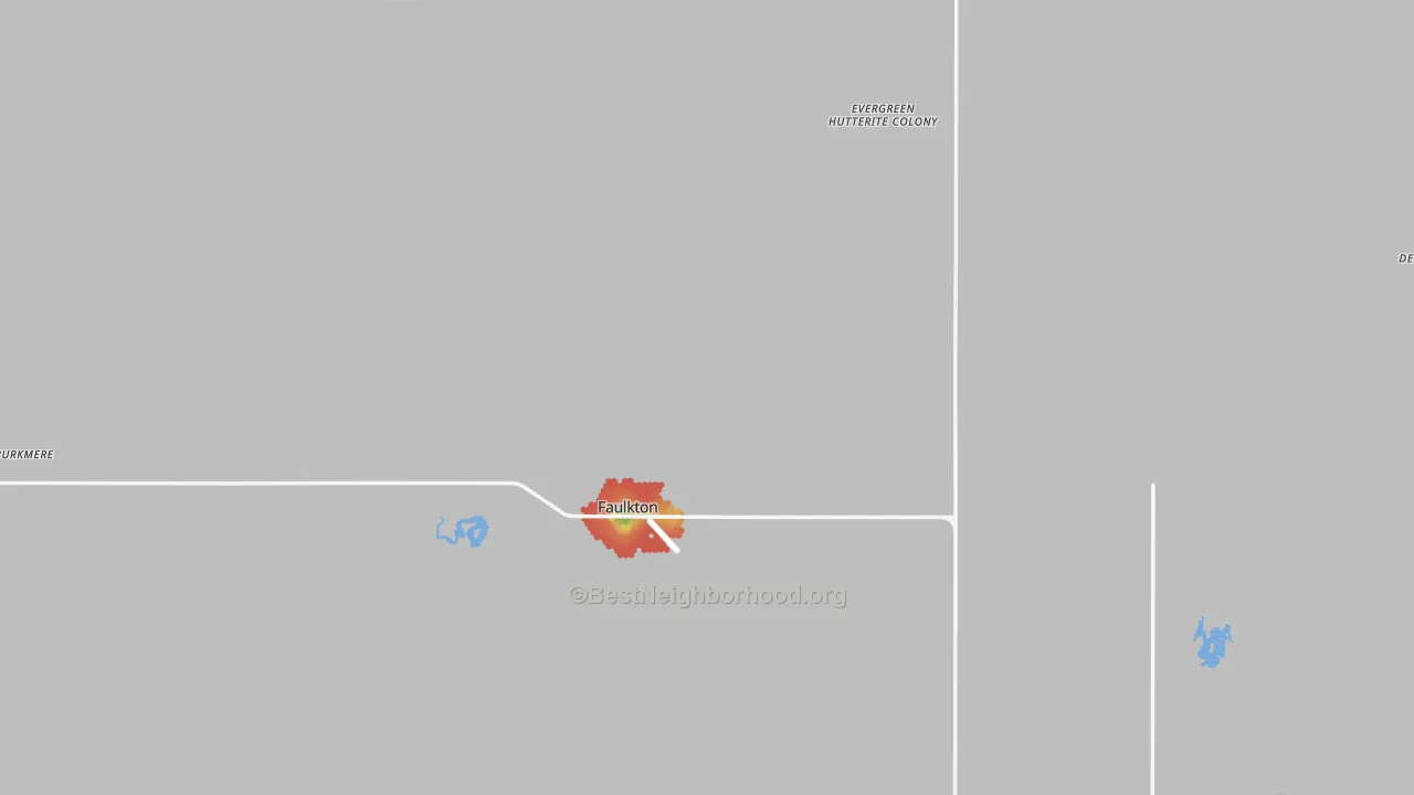 Walk Grade map of Faulk County, SD, walkable areas in green and car-dependent areas in red