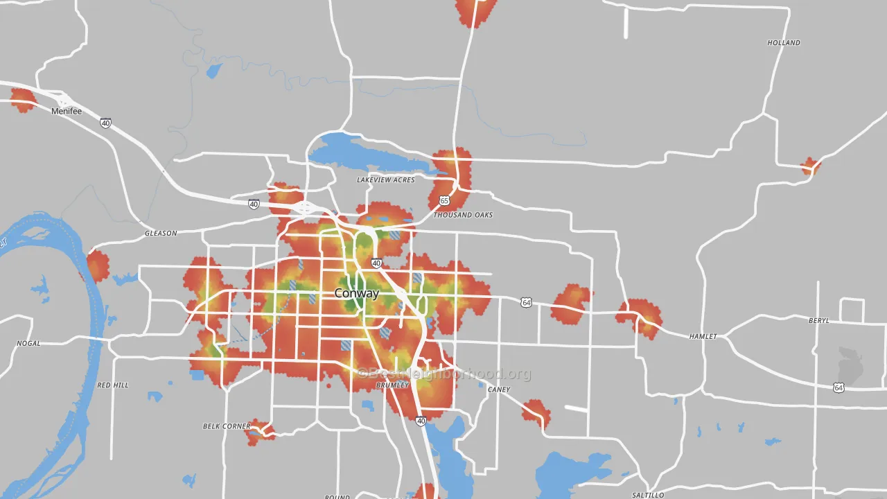 Walk Grade map of Faulkner County, AR, walkable areas in green and car-dependent areas in red